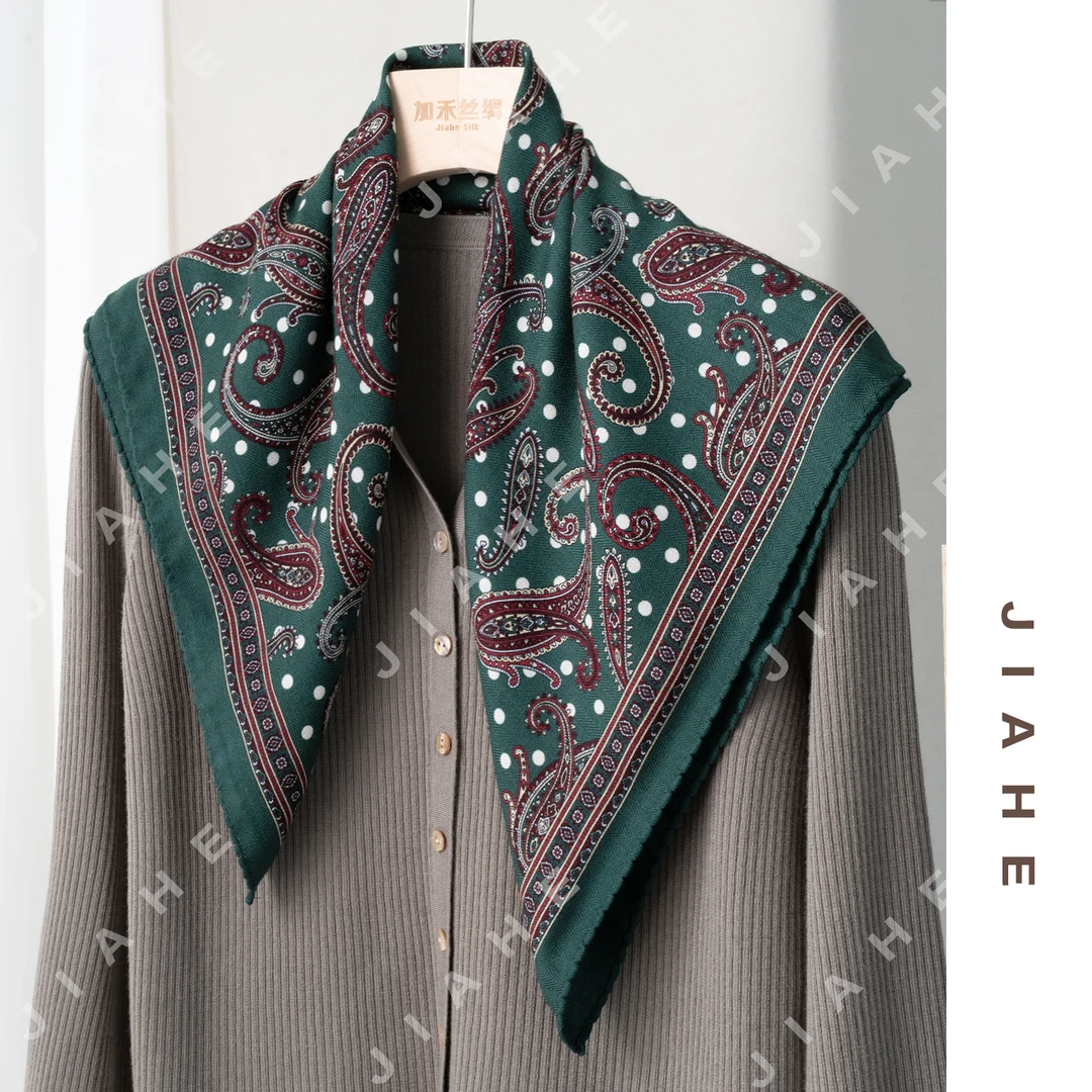 加禾【波点花开】重磅绵羊毛围巾丝巾小方巾65*65