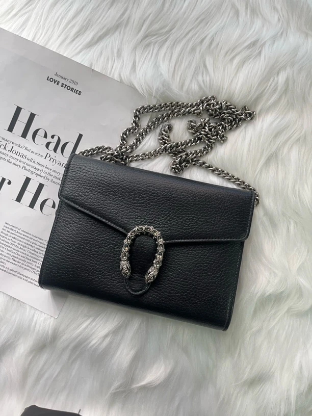 99新 GUCCI/古驰 黑色酒神链条包时尚百搭小巧精致单肩包
