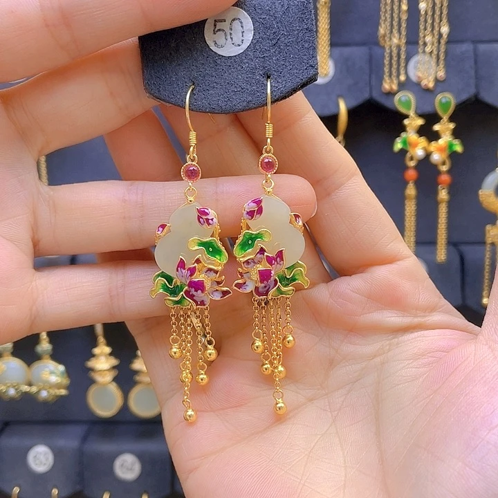 和田玉银S925镀金镶嵌耳饰