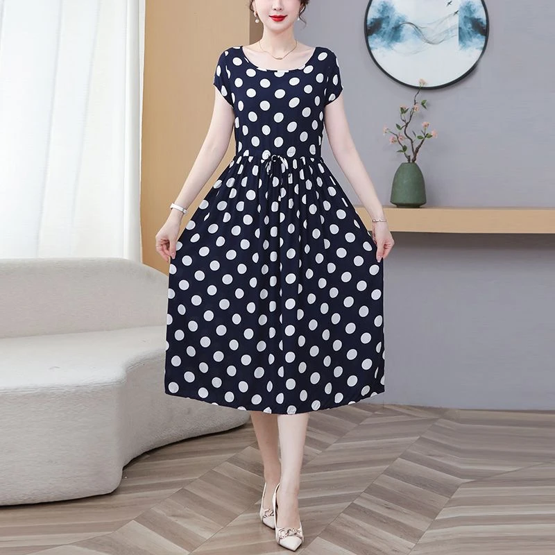 夏季新款棉绸短袖连衣裙中长款印花时尚碎花大码收腰显瘦沙滩裙子