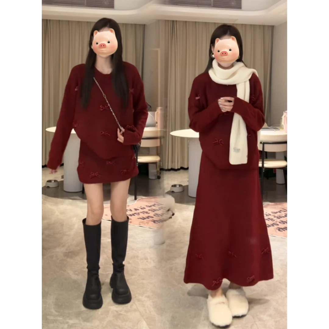 2026超火独特漂亮冬装一整套圣诞节红色蝴蝶结毛衣半身裙两件套装
