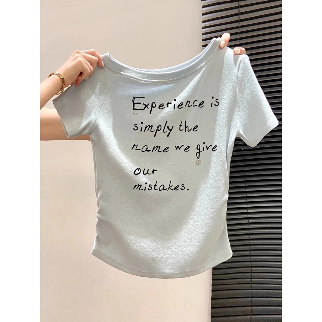 韩系甜辣小个子斜肩露锁骨纯欲风短袖上衣女夏季修身掐腰印花T恤