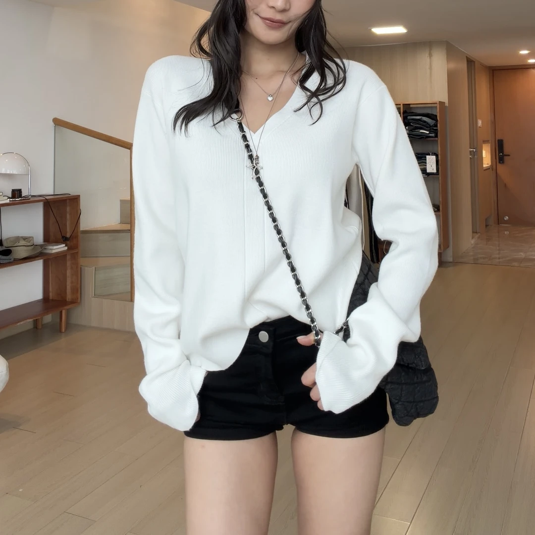 【部分现】简约v领慵懒针织衫上衣女秋季宽松长袖打底毛衣M1674