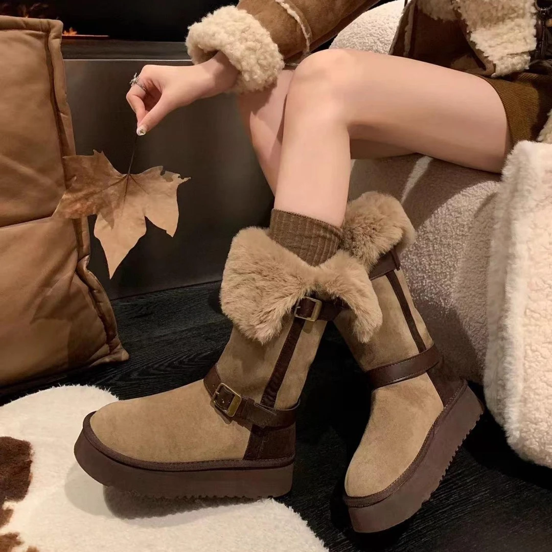 【PVKB&专柜女鞋】女靴2025年新款冬季鞋加绒加厚保暖毛毛中款靴子