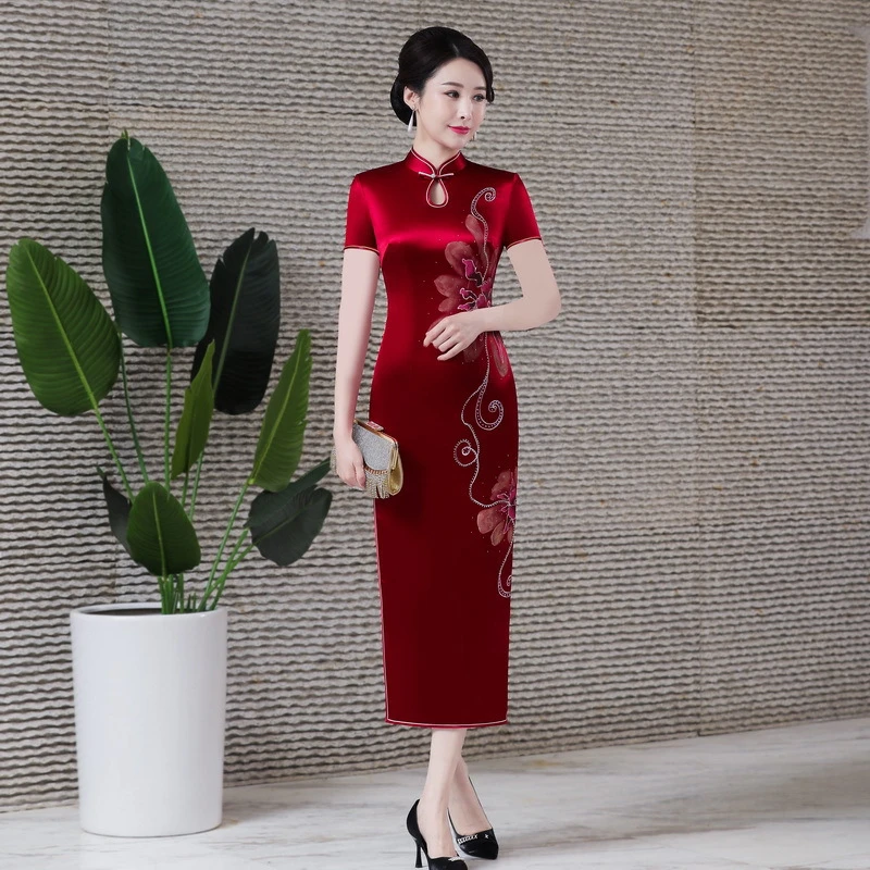 红色优雅妈妈装醋酸材质连衣裙聚会复古款长旗袍中国风日常修身