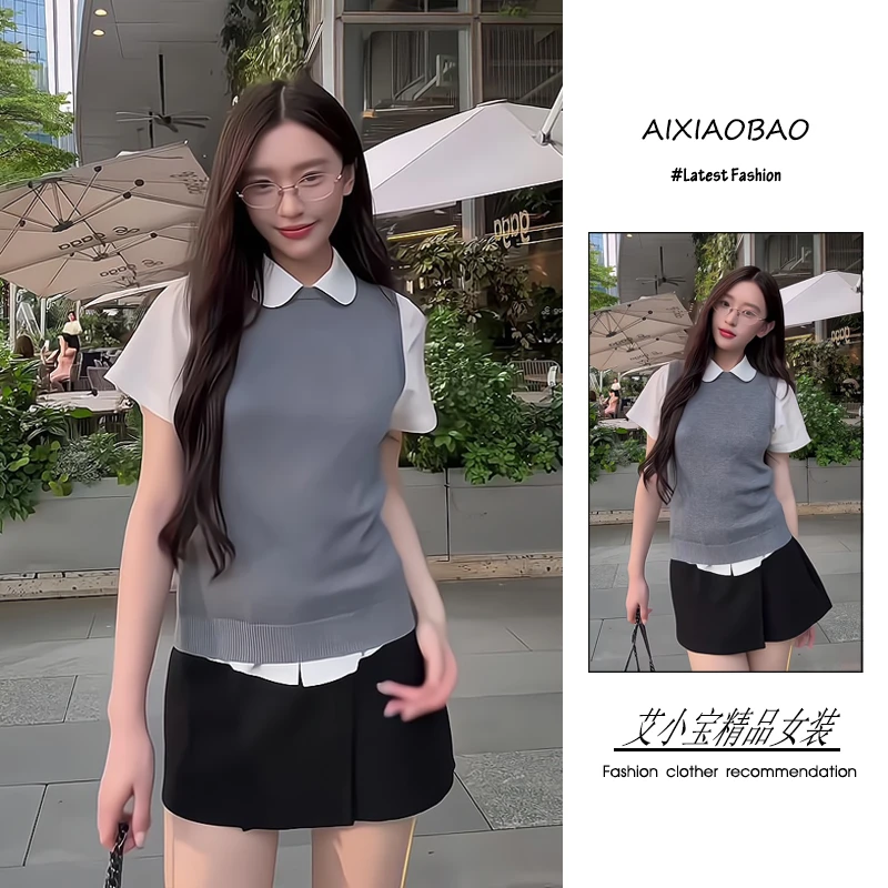 夏季2025新款女装韩系穿搭学院风简约显瘦翻领上衣马甲裙裤三件套