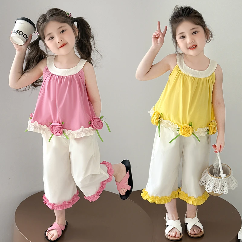 女小童韩版套装夏季2025新款女宝宝花朵背心夏装小女孩阔腿裤套装