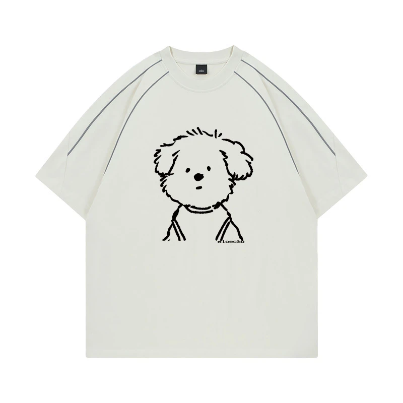 2025夏季爆款设计感拼接短袖T恤男女同款反光线条小狗休闲上衣ins