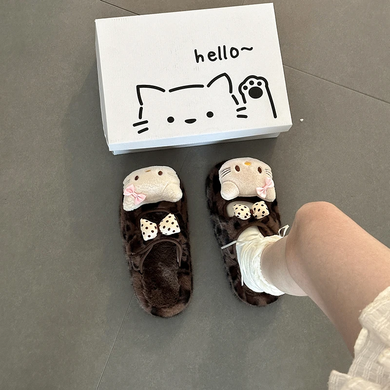 时尚可爱甜美小猫毛毛拖鞋女2025年秋冬季厚底加绒保暖棉包头拖鞋