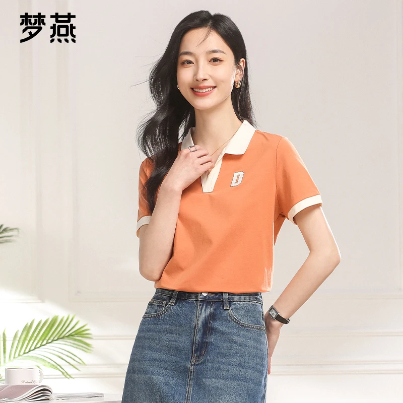 梦燕夏季女休闲款翻领显瘦简约T恤时尚极简风修身型短袖BC02B4003