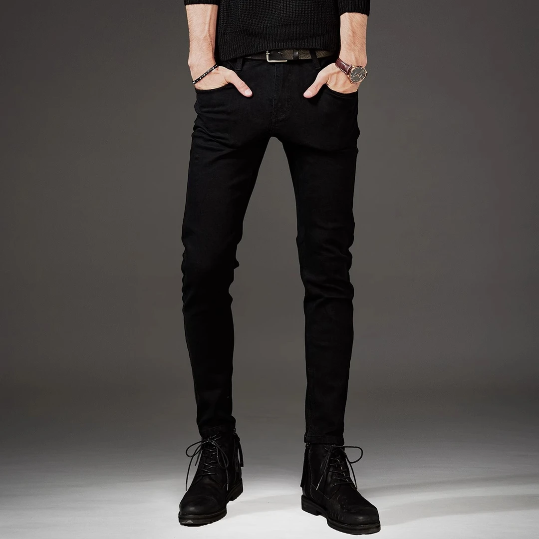 Leekody高端欧美纯黑色弹力牛仔裤男款2025年修身小脚休闲长裤子