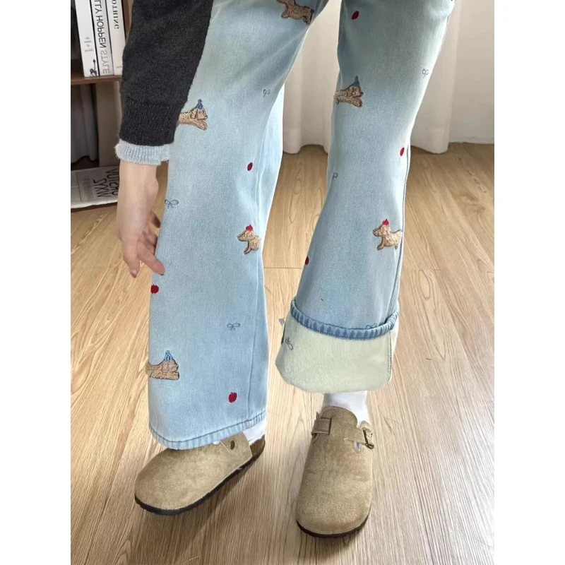 大码冬季款腊肠狗刺绣加绒高腰宽松阔腿牛仔裤女梨形身材显瘦长裤