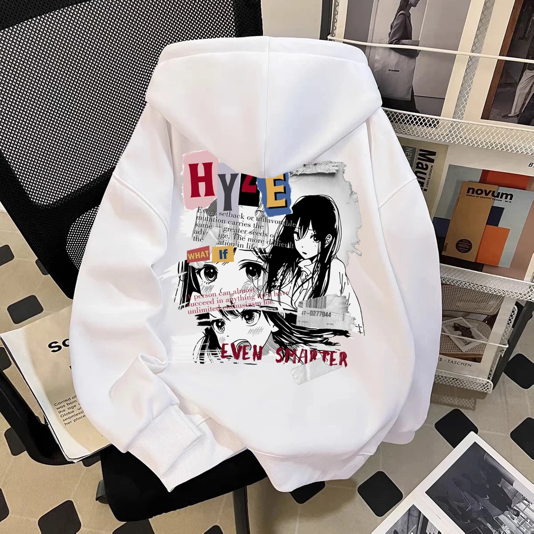 白色加绒加厚美式连帽卫衣男女款动漫二次元少女潮牌宽松秋冬外套