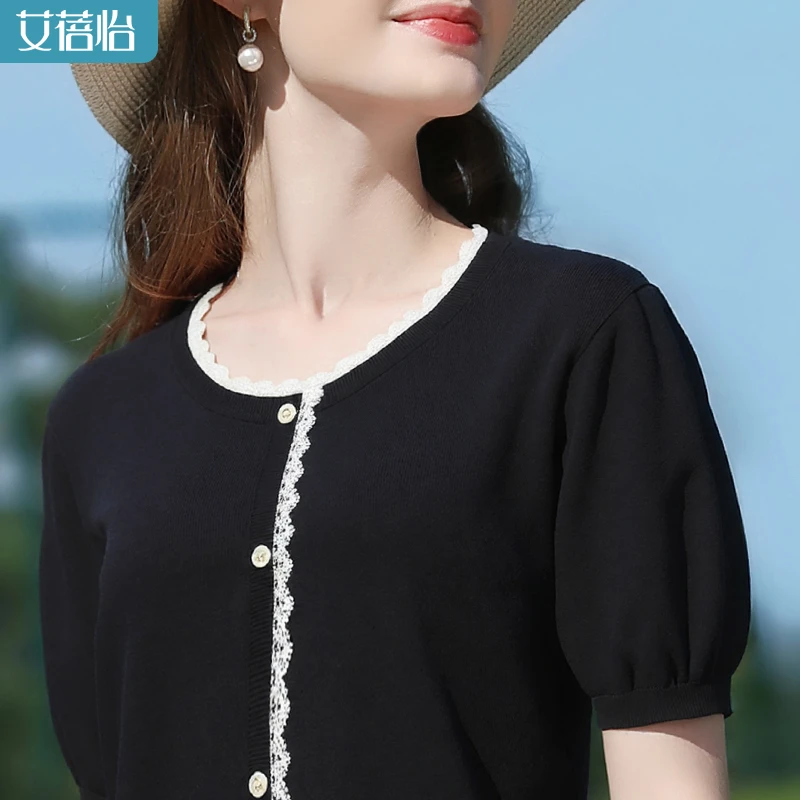 艾蓓怡黑色法式名媛小香风蕾丝拼接针织衫女2025夏季新款显瘦气质