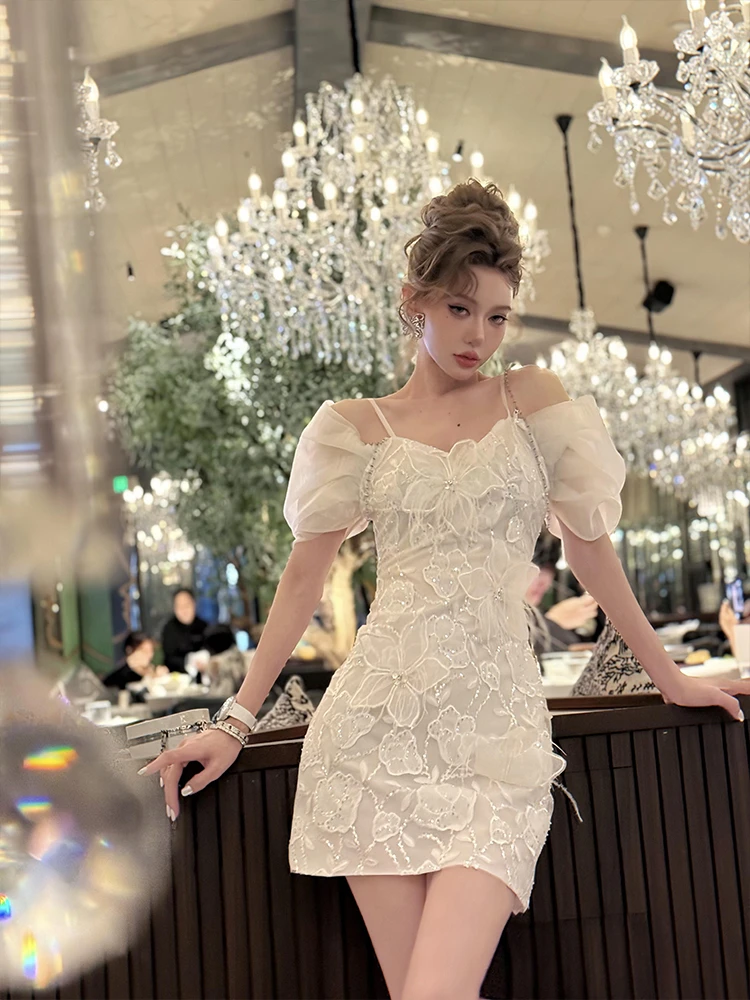 孙瑜儿【未闻花名】亮片手工刺绣吊带泡泡袖连衣裙SY02527