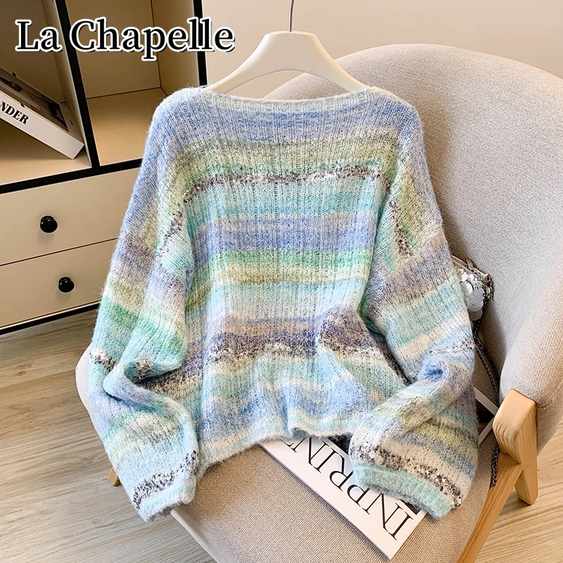 拉夏贝尔秋季新款渐变色一字肩长袖针织衫百搭宽松显瘦休闲毛衣女