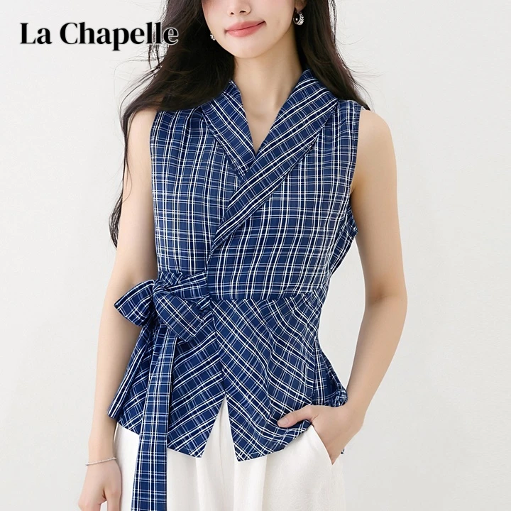 拉夏贝尔法式复古V领绑带蓝色格子背心女夏新款设计感无袖上衣女
