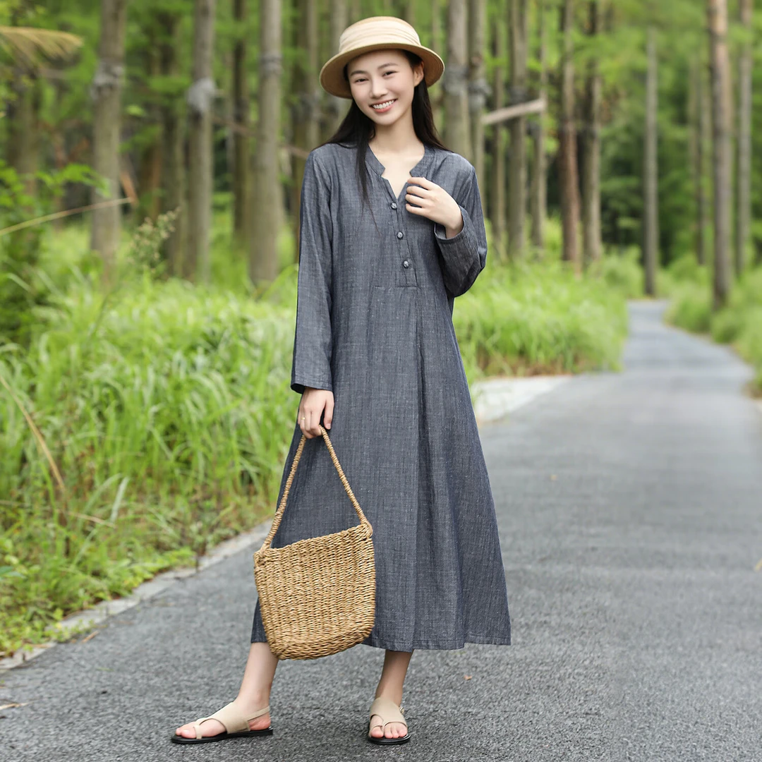乱在江南休闲丝麻柔顺连衣裙长袖秋季女装新中式温婉气质简约长裙
