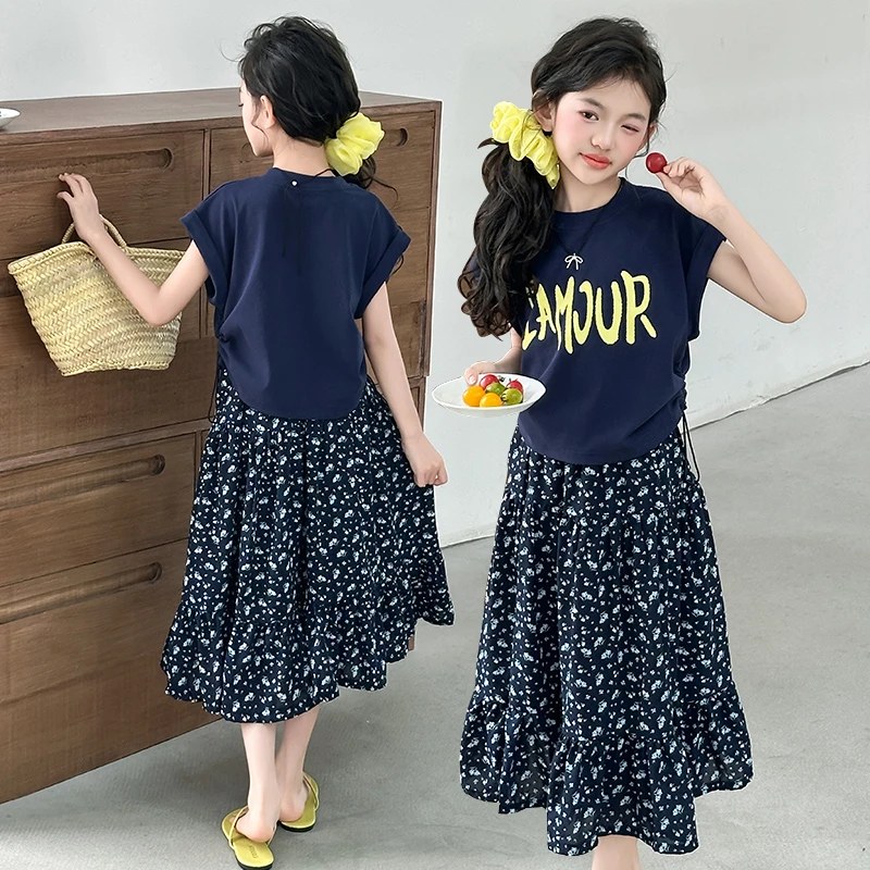 夏季女童甜美碎花裙套装2025新款中大儿童6-12岁15岁夏款洋气短袖