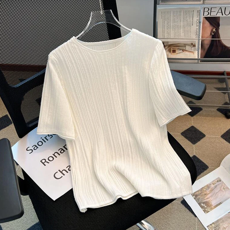 自留款推荐潮简约圆领针织短袖t恤女2025夏肌理感轻薄冰丝百搭上