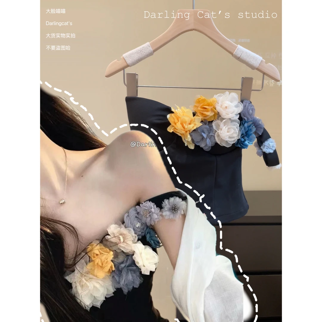 大脸喵 花神 带胸垫超仙手工立体感花朵单肩膀带抹胸背心