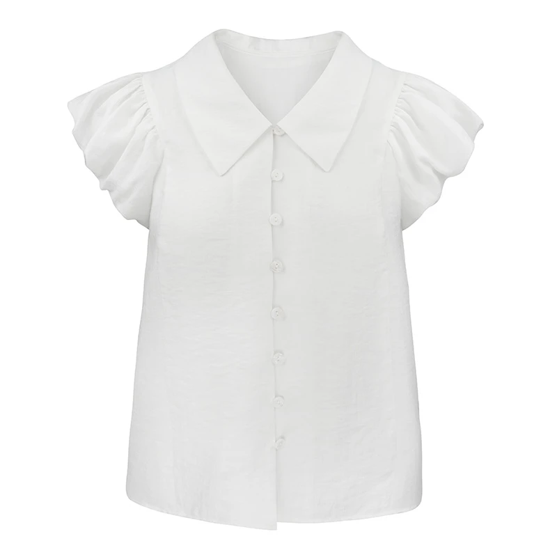 JUNGLE ME夏季POLO领通勤轻薄衬衫花苞袖白色气质衬衫设计感显瘦