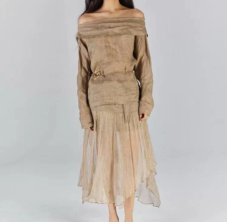 ICE DUST 25SS春夏新款苎麻露肩一字领灯笼袖上衣女