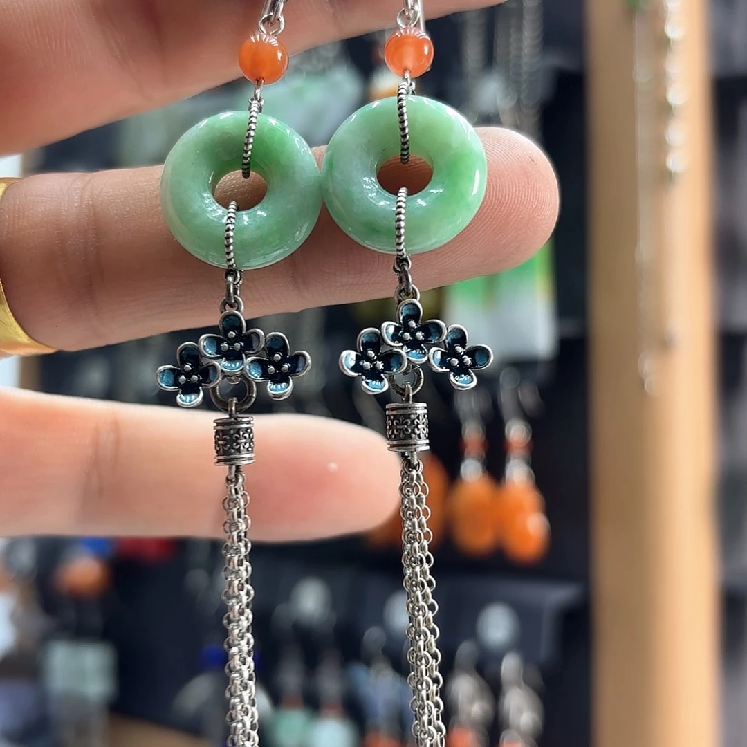 翡翠耳饰银S925镶嵌素*