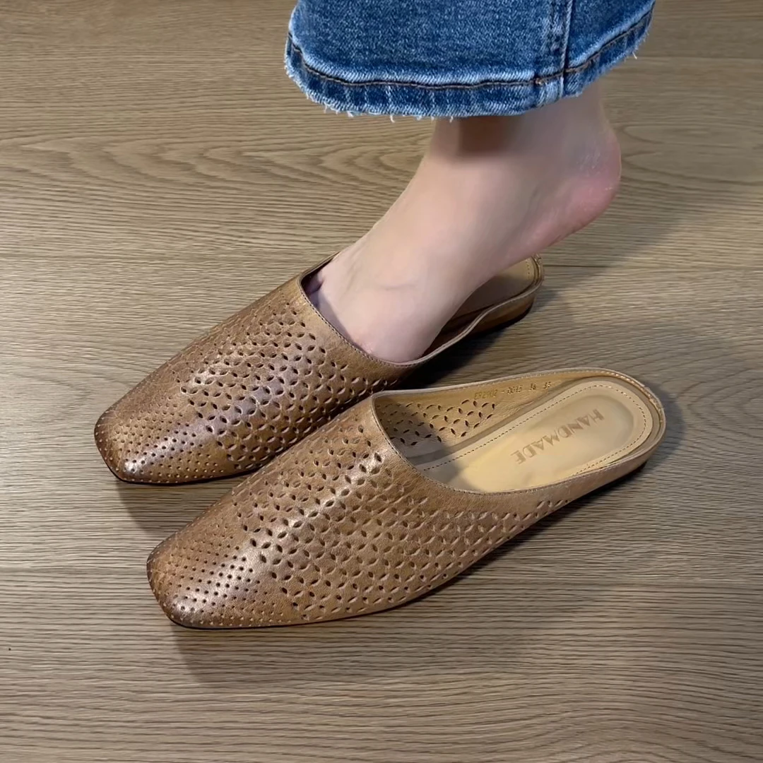 拖鞋半托新款夏季水洗牛皮拖鞋镂空显瘦气质包头拖鞋时尚拖鞋女款