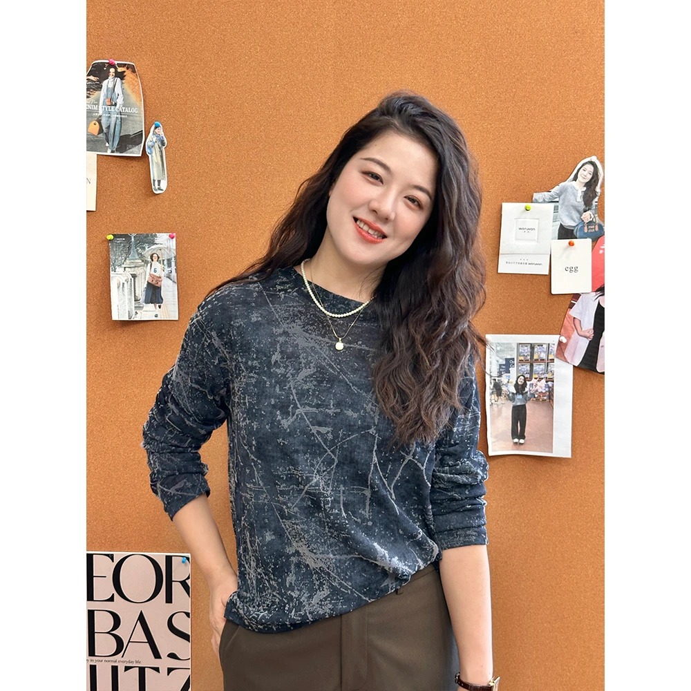 WenWen小个子复古晕染长袖t恤打底衫2025早秋韩系别致上衣4343