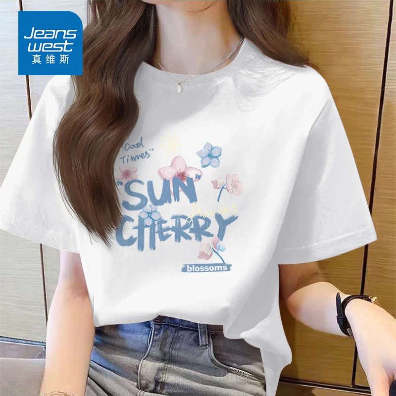 真维斯白色纯棉短袖t恤女款爆款2025新款韩系慵懒风遮屁股上衣