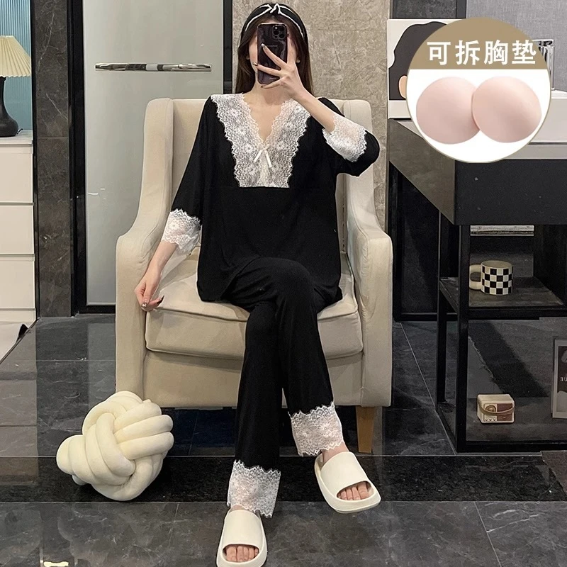 莫代尔棉网红爆款七分袖长裤睡衣女秋季性感蕾丝灰色带胸垫家居服