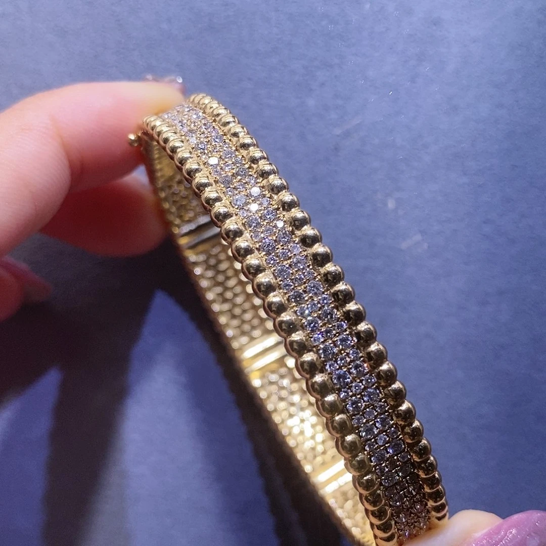 手镯18K金镶嵌钻石k黄宽版珠珠满钻手镯