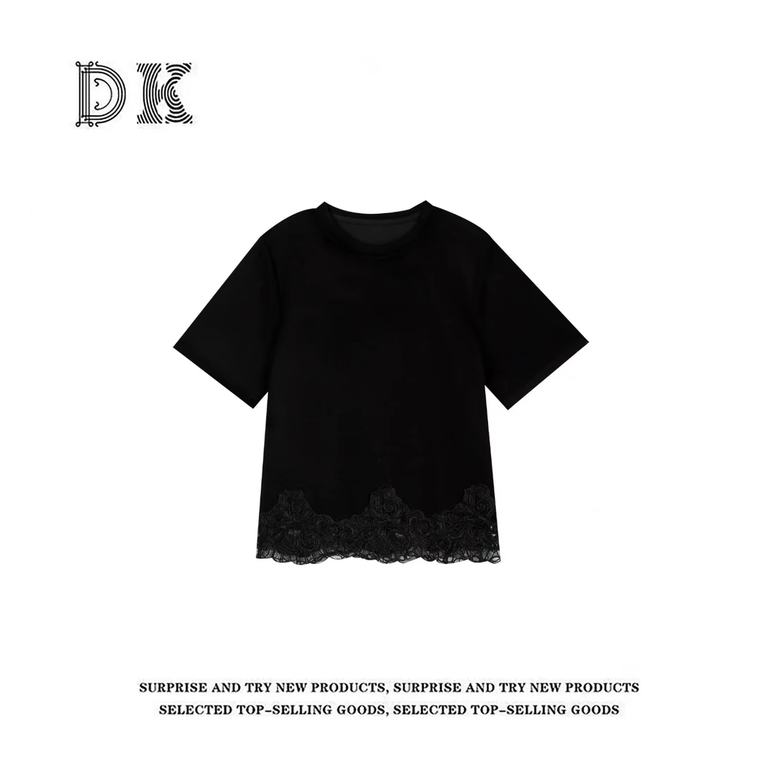 『风吹玉兰花』2025年夏季新款拼接蕾丝百搭圆领上衣T恤【DK】