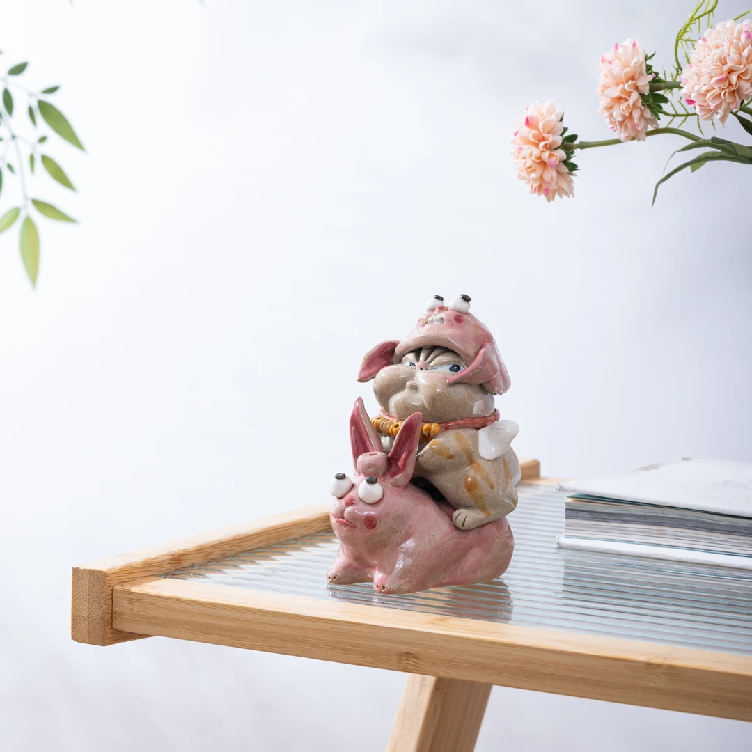 陶器 兔子猫咪香插摆件（粉红兔子款） TQXCBJ-14