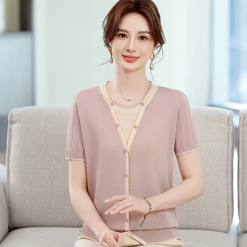 气质妈妈夏装短袖中年女冰丝T桖洋气显瘦中老年女装圆领夏季小衫