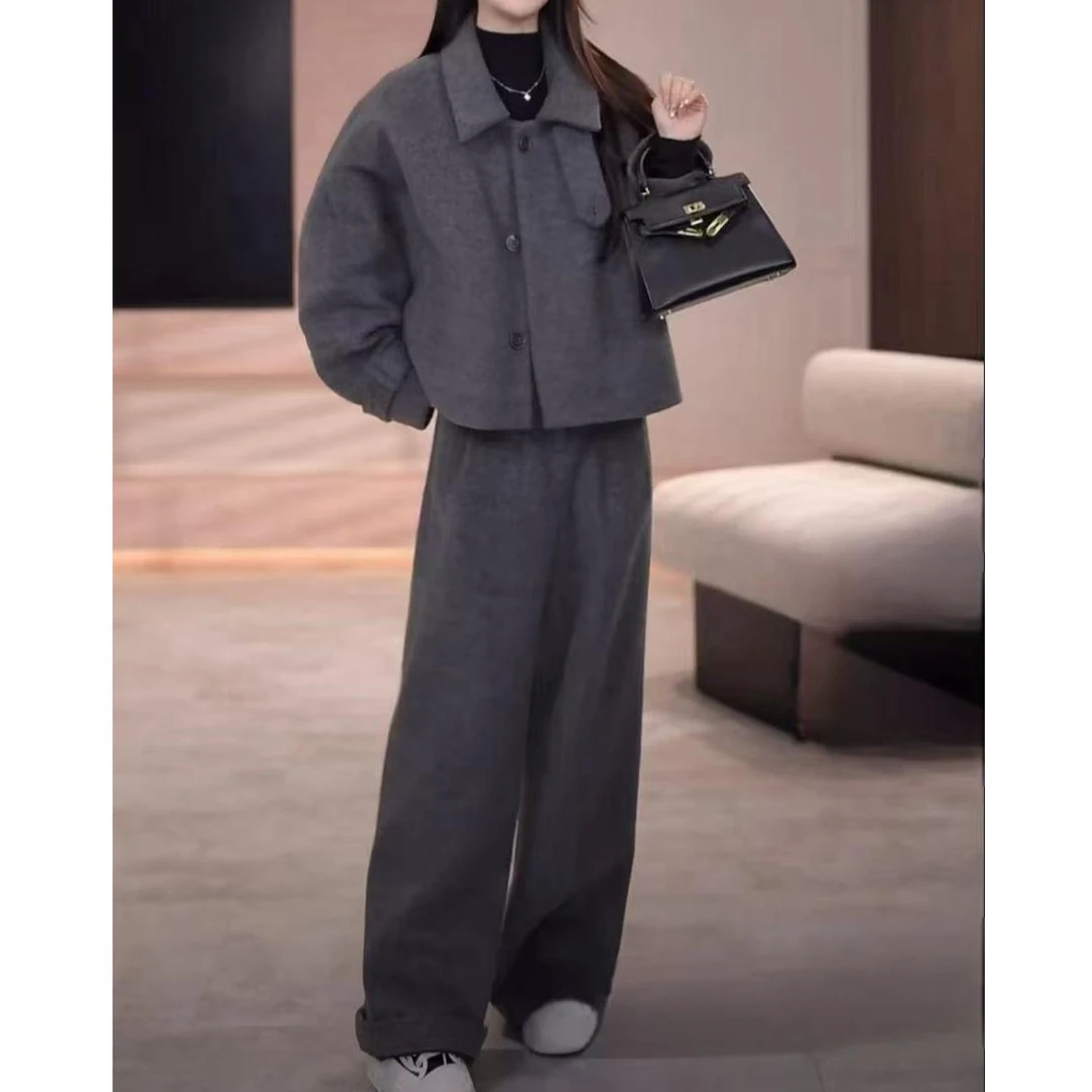 【现货】韩版时尚复古百搭蝙蝠袖毛呢外套女阔腿裤两件套秋冬新款