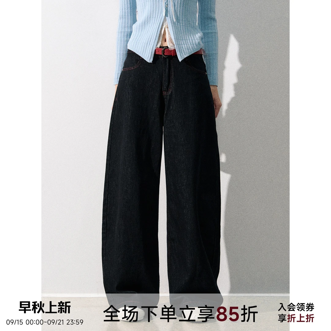 LAFREEDOM 25秋季新品爱心刺绣宽松弯刀牛仔裤休闲长裤（配腰带）