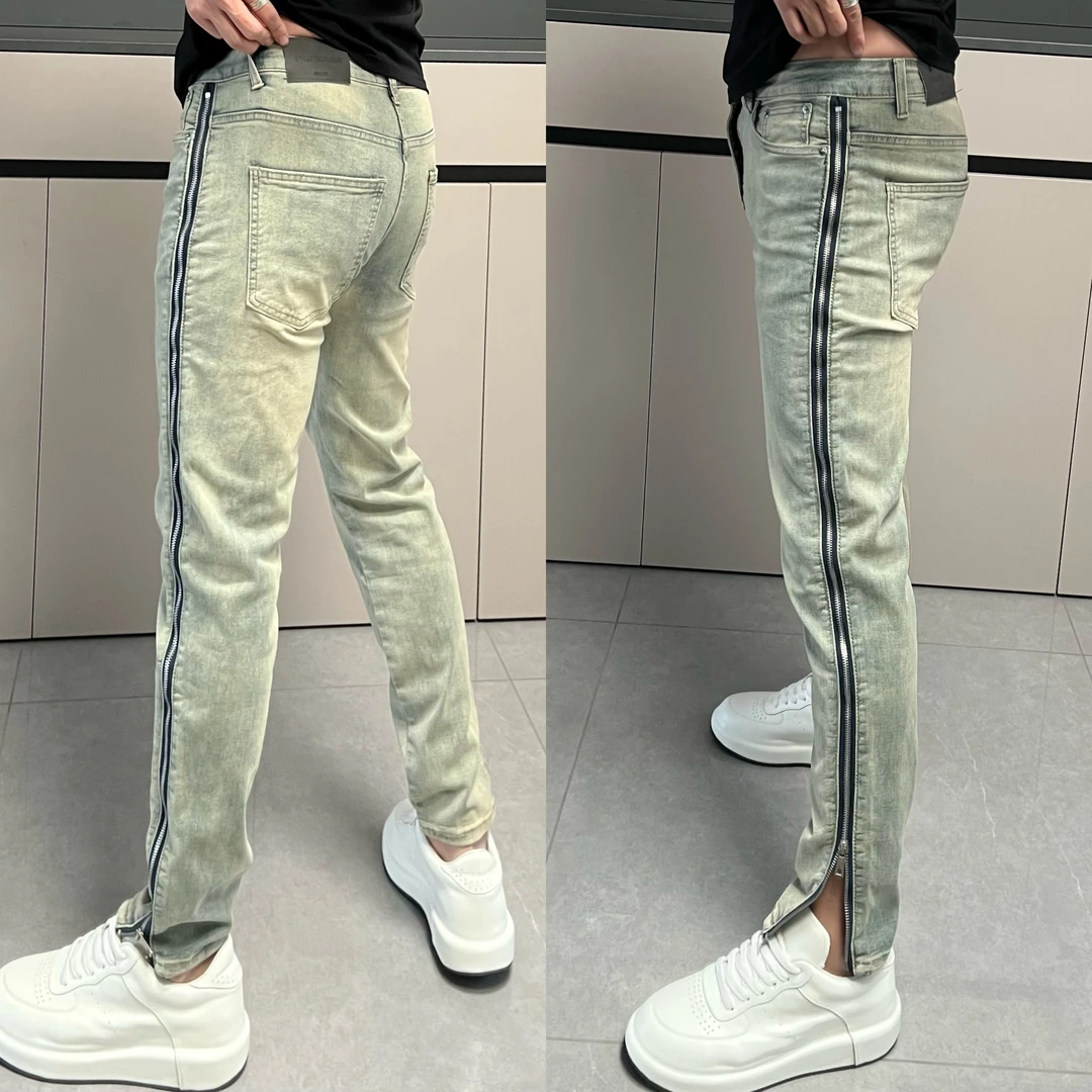 春夏拉链长裤男士耐磨牛仔裤夏季小脚修身休闲裤秋季
