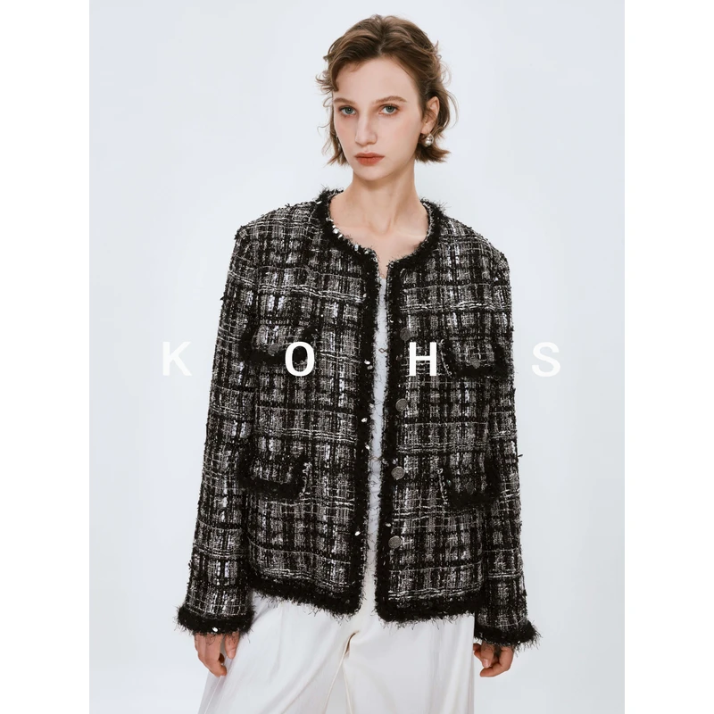 蔻丝KOHS 暗夜极光/高奢华丽感黑银粗花呢廓形短款羊毛小香风外套