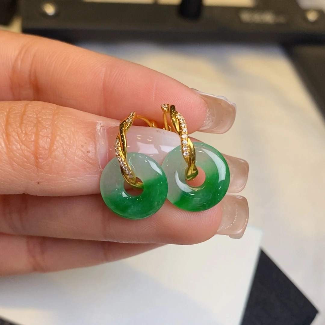 翡翠耳饰18K金镶嵌麻花耳包➕甜甜圈