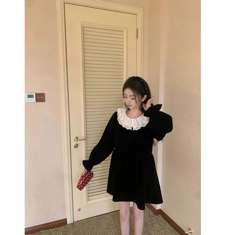 法式甜美复古丝绒裙娃娃版连衣裙荷叶领