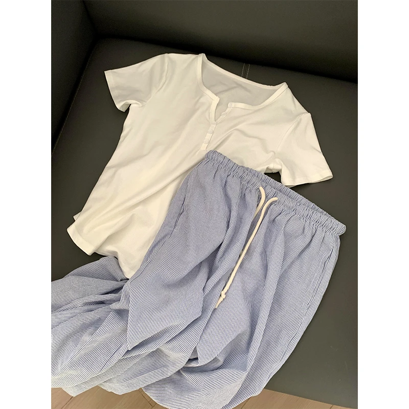 【简约纯色】日系休闲慵懒睡衣女夏季新款条纹长裤家居服套装可外穿