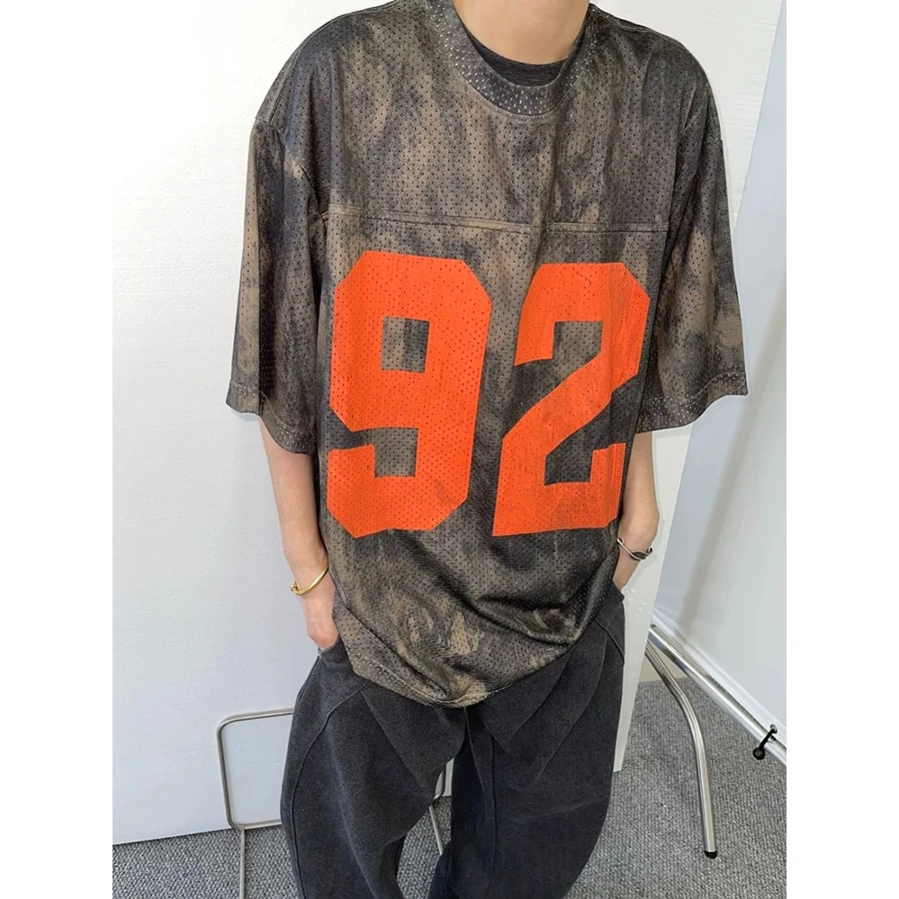 dannyandzee夏季百搭复古街头扎染风格数码印花网眼大短袖T恤720