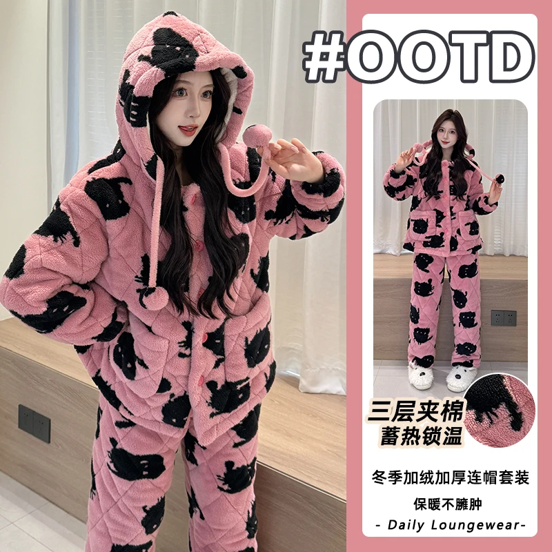 三层夹棉冬季御寒保暖动漫长毛绒睡衣套装设计感连帽可外穿家居服