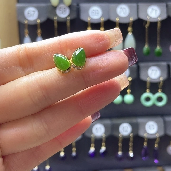 和田玉耳饰银S925镀金镶嵌