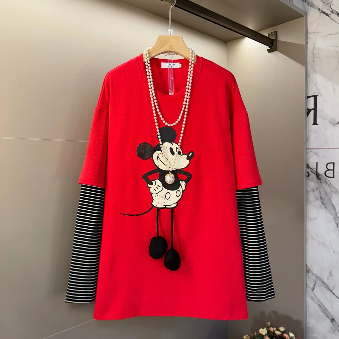 早春条纹长袖圆领卡通图案假两件上衣微胖减龄百搭休闲显瘦T恤