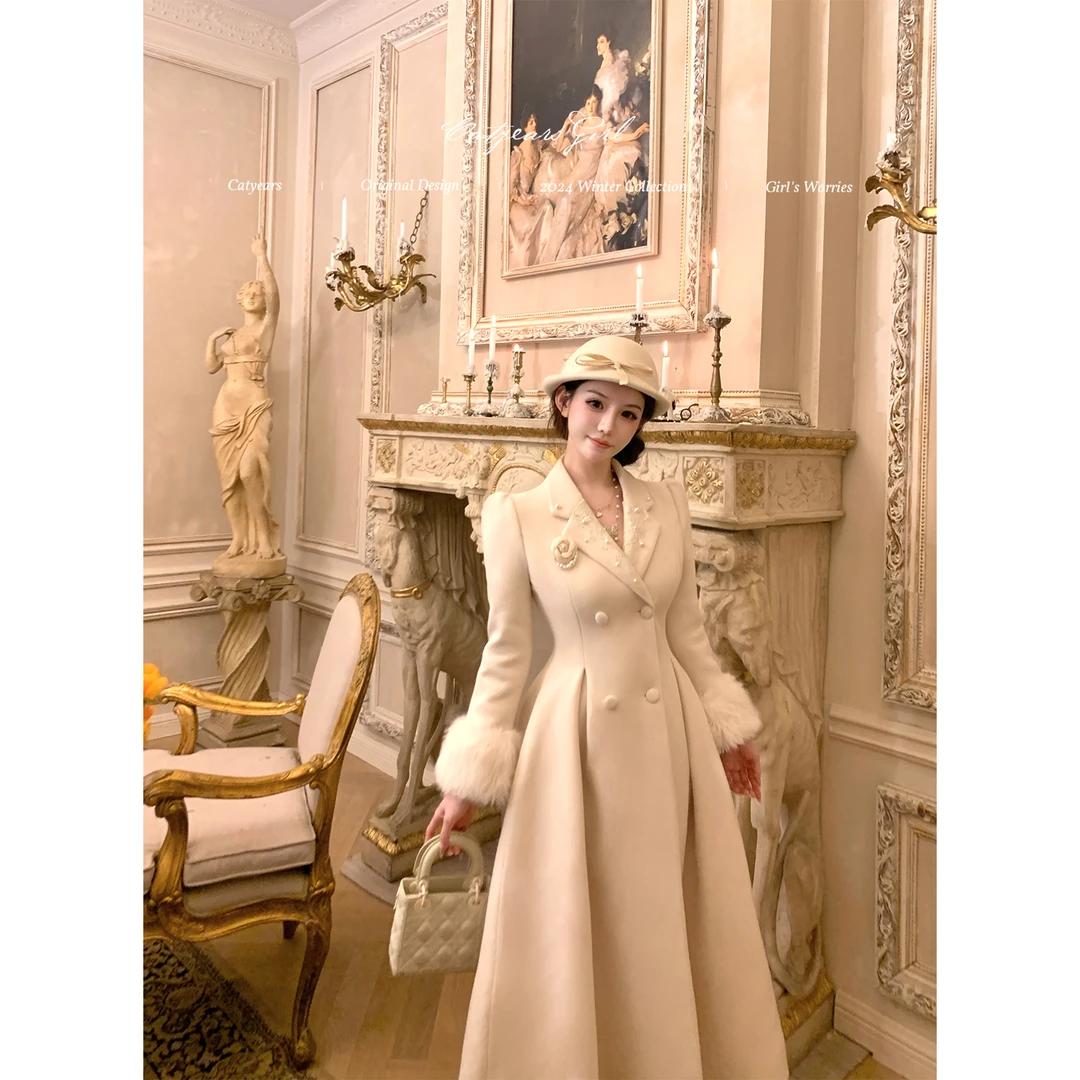 Catyears猫年【卢森堡冬日】法式收腰毛呢大衣双排扣设计长款厚外套