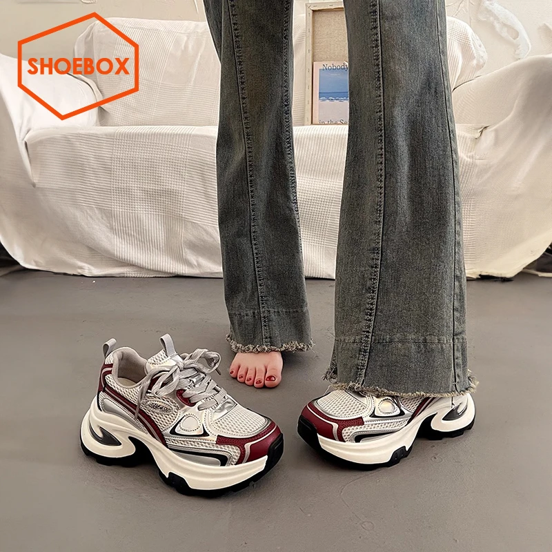 SHOEBOX鞋柜炸街老爹鞋女款2025新款做旧擦色厚底运动鞋