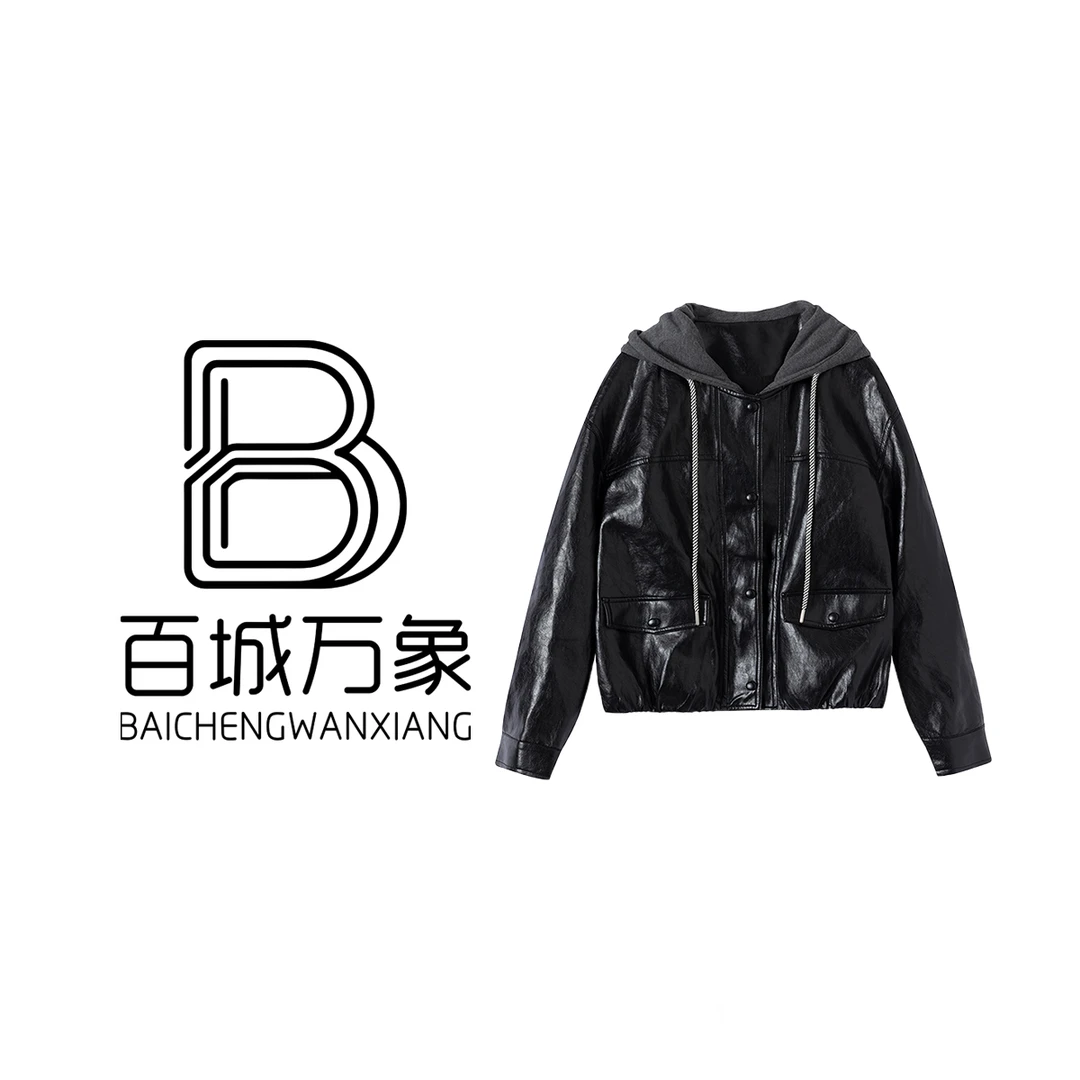 【百城万象门店款】宽松朋克风百搭设计师连帽时尚皮衣#25GJD15